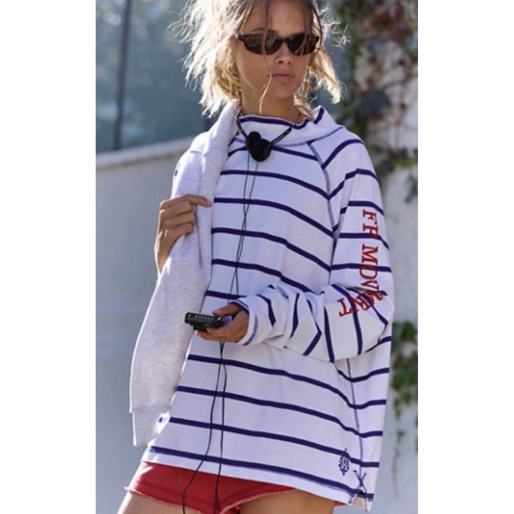 free people Mockneck Restoration Yarn Dye Logo Embroidered Blue White Striped S
